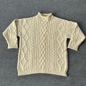 Inis Crafts Sweater Mens Small Cream Wool Aran Cable Knit Ireland Fisherman VTG